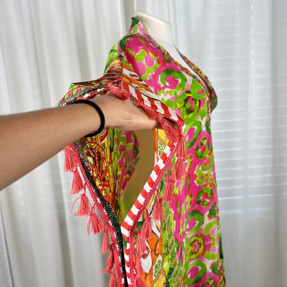 Antica Sartoria Beaded Tassel Kaftan Dress Pink Green OS Vacation Resort NEW - Picture 5 of 16